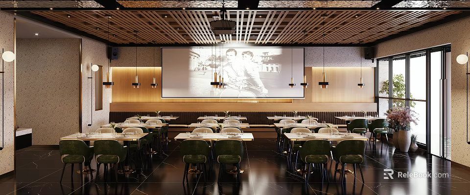 Modern Restaurant Interior With Neat Tables Green Chairs Ceiling Lights And Large Wall Art 3d model 