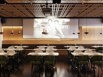 Modern Restaurant Interior With Neat Tables Green Chairs Ceiling Lights And Large Wall Art 3d model