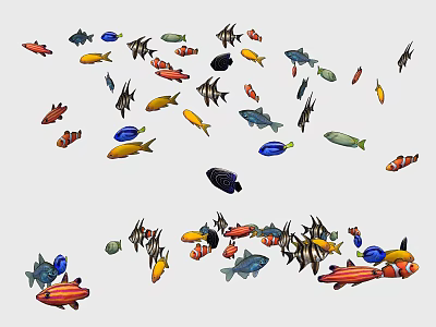 Colorful Aquatic Fish School of Various Colors and Species Swimming Together 3d model