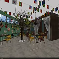 Vibrant Restaurant Interior With Colorful Chairs Wooden Tables Chandelier Flags On Green Walls