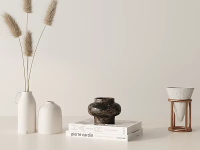 Minimalist Decorative Ornament Set With White Vases Pampas Grass Marble Decor And Copper Frame 3d model