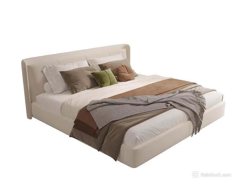 Modern Double Bed Featuring Upholstered Headboard Decorative Pillows And Cozy Blankets 3d model