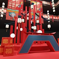 Traditional Chinese New Year Stage Decoration with Red Lanterns Fu Characters and 2023 Elements