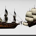 Two Vintage Wooden Sailing Ships With Tall Masts And White Sails