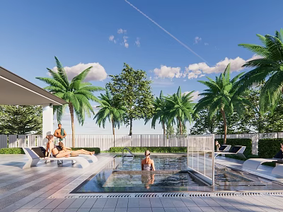 Tropical Garden Landscape With Swimming Pool Palm Trees Loungers And Relaxing People 3d model