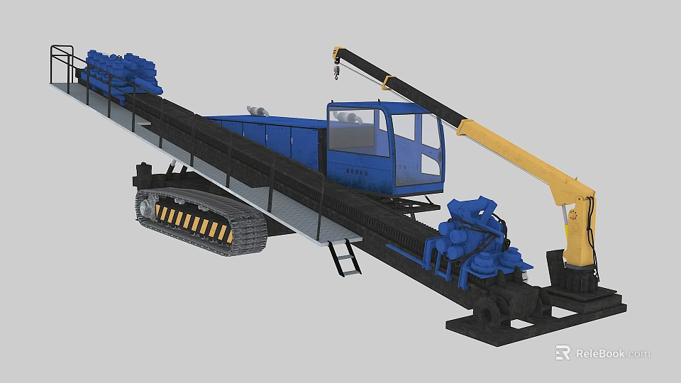 Blue Industrial Equipment With Tracked Chassis Conveyor Belt And Yellow Crane Arm 3d model 
