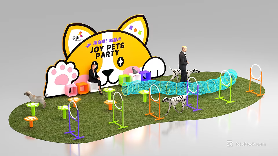 Pet Interaction Area at Joy Pets Party with Colorful Obstacles Dogs and Cat Paw Backdrop 3d model 