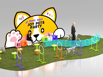 Pet Interaction Area at Joy Pets Party with Colorful Obstacles Dogs and Cat Paw Backdrop 3d model