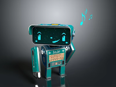 Teal Robot With Screen Face Smiling Expression Star Patterns And Musical Notes 3d model