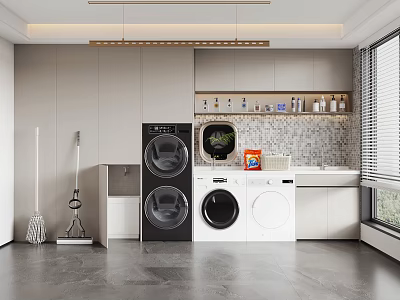 Modern Laundry Room Interior With Washer Dryer Cabinets And Cleaning Tools 3d model