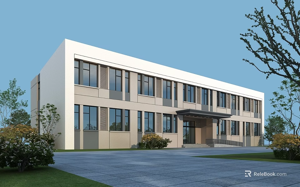 Modern School Building Exterior With Multiple Windows Entrance And Greenery Around Paved Courtyard 3d model 