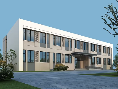 Modern School Building Exterior With Multiple Windows Entrance And Greenery Around Paved Courtyard 3d model