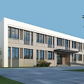 Modern School Building Exterior With Multiple Windows Entrance And Greenery Around Paved Courtyard