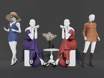 Fashion Models Wearing Colorful Dresses Hat and Boots with Floral Table Setup 3d model