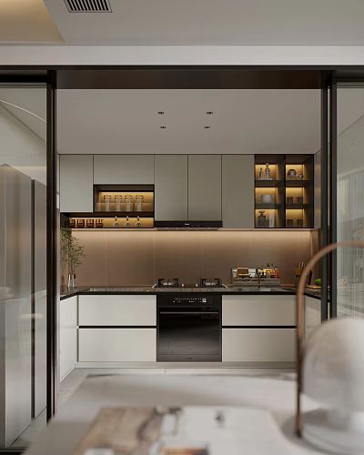 Modern Kitchen Interior With Sleek Cabinets Black Countertop And Recessed Lighting 3d model