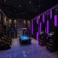 Modern Hotel Public Lounge With Pool Table Purple Lighting And Comfortable Sofas