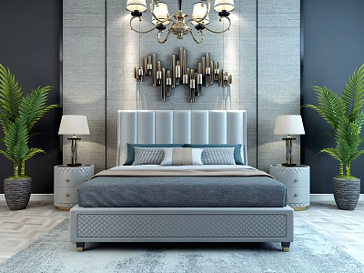 Background Double Bed with Gray Headboard Nightstands Lamps Green Plants and Chandelier on Gray Wall 3d model