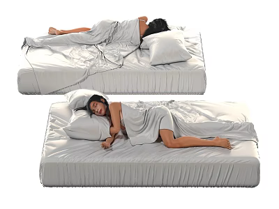A Woman Resting on a Mattress Covered with Gray Blanket and Pillow 3d model
