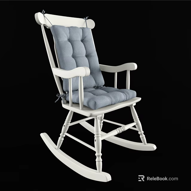 Comfortable Rocking Chair With White Wooden Frame And Light Blue Padded Cushion 3d model 