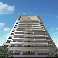 Modern High Rise Residential Building with Balconies Light Facade Against Blue Sky and Green Foliage