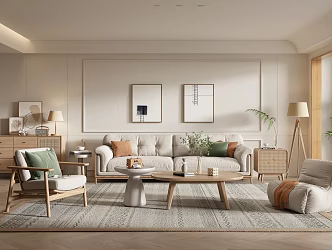 Nordic Living Room Cream Style Living Room Sofa Coffee Table Combination Fabric Sofa Solid Wood Coffee Table Leisure Chair 3d model