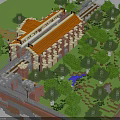 Modern Courtyard Scene With Green Grass Trees Path And Orange Roof Building
