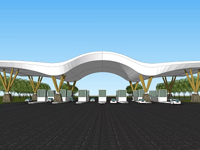 Large Curved Roof Toll Gate Structure With Multiple Lanes And Yellow Support Columns 3d model