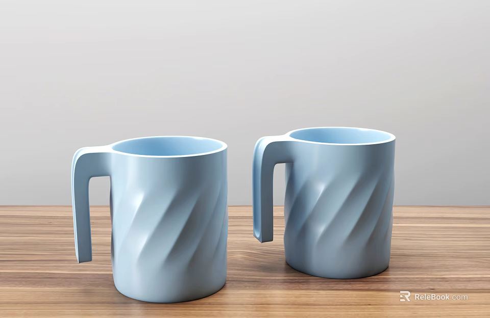 Two Light Blue Mugs Featuring Twisted Pattern Placed on Wooden Table Surface 3d model
