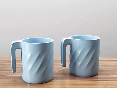 Two Light Blue Mugs Featuring Twisted Pattern Placed on Wooden Table Surface 3d model