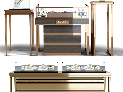 Modern Jewelry Display Shelves with Glass Cases Metal Frames Drawers Logo and Displaying Rings Necklaces 3d model