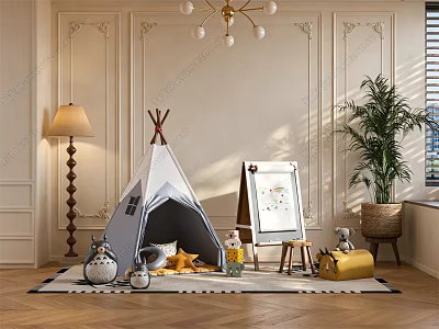Cozy Playroom Interior With Tepee Tent Easel Stuffed Toys And Decorative Walls 3d model