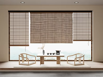 Bamboo Curtains Enhance Window View In Minimalist Interior With Wooden Table Chairs And Tea Set 3d model