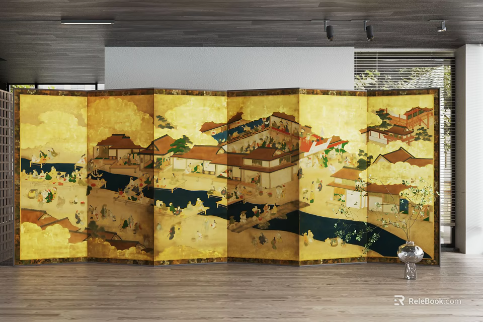 Traditional Gold Screen With Ancient Architecture Design In Modern Interior Space 3d model