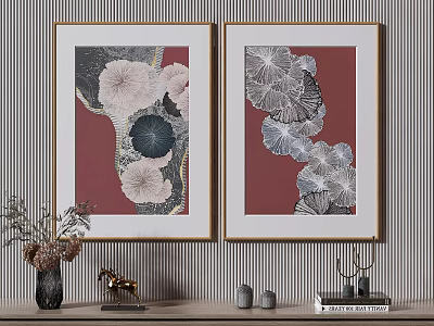 Modern Decorative Wall Art with Floral Patterns Red Background Gold Frames and Shelf Decorations 3d model