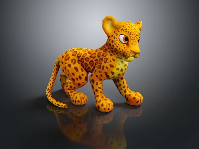 Cute Yellow Spotted Cheetah Cub Toy 3D Model in Standing Pose with Shiny Background 3d model