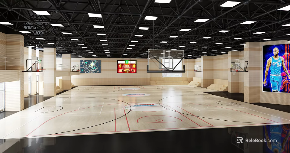 Spacious Indoor Basketball Gym With Wooden Court Scoreboard And Bleachers 3d model 