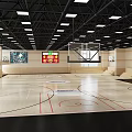 Spacious Indoor Basketball Gym With Wooden Court Scoreboard And Bleachers