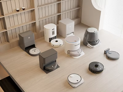 Smart Machines Including Robotic Vacuums and Coffee Makers on Modern Kitchen Countertop 3d model