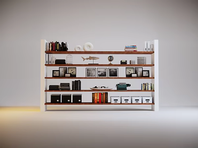 Modern Bookshelf with Wooden Shelves Books Photo Frames Storage Boxes and Decorative Items 3d model