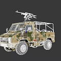 Military Utility Vehicle with Camouflage Paint Roof Mounted Machine Gun and Off Road Open Design