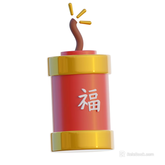 Chinese Traditional Decorative Ornament Set Red Firecracker Shape With Fu Character And Yellow Accents 3d model 