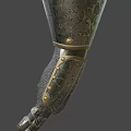 Ornate Metal Gauntlets Featuring Intricate Decorative Patterns And Gold Accents For Medieval Attire