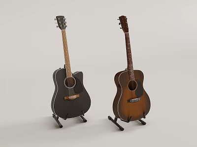 Musical Instruments Acoustic Guitars Black and Brown Models on Stands Displayed Against White Background 3d model