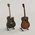 Musical Instruments Acoustic Guitars Black and Brown Models on Stands Displayed Against White Background