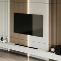 Modern Minimalist TV Wall Design With Wooden Panels Wall-mounted TV And White Console