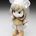 Cute Cartoon Doll With Blonde Hair White Ear Hood Transparent Cloak Yellow Coat And Boots