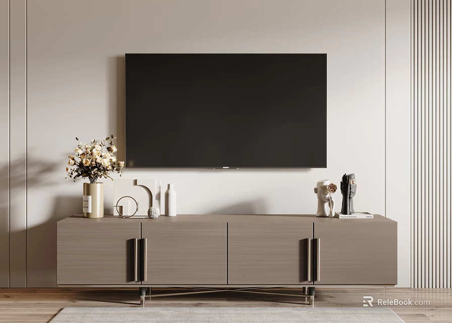 Modern Gray TV Stand with Large Black TV Flower Vase and Decorative Figurines 3d model 