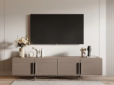 Modern Gray TV Stand with Large Black TV Flower Vase and Decorative Figurines 3d model