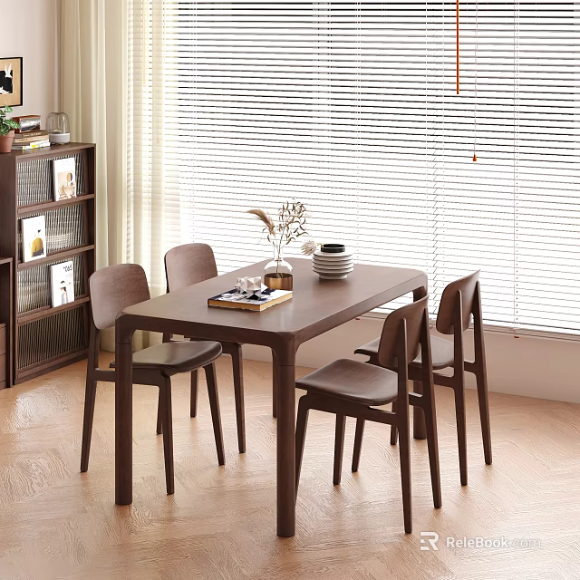Modern Wooden Dining Table Set With Four Chairs And Decorative Items Near Window 3d model 