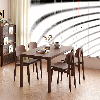 Modern Wooden Dining Table Set With Four Chairs And Decorative Items Near Window 3d model